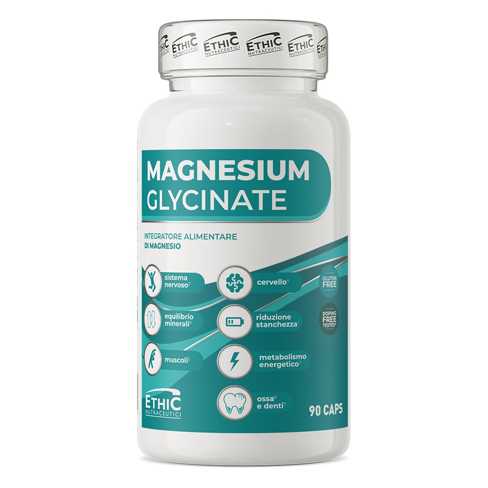 EthicSport Nutraceuticals Magnesium Glycinate 90 Caps bottle, white container with branded label and supplement details