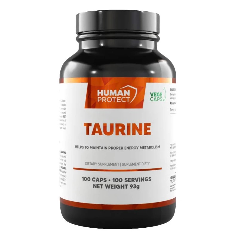 Human Protect Taurine dietary supplement, 100 vege capsules, supports energy metabolism, in a black and white bottle with orange accents.