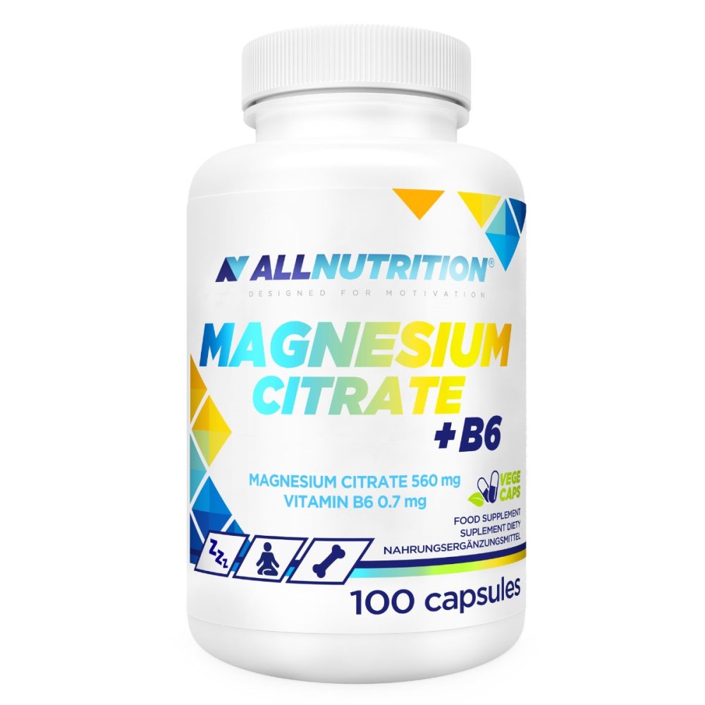Allnutrition Magnesium Citrate + B6 100 capsules dietary supplement with 560 mg magnesium citrate and 0.7 mg vitamin B6 per capsule, in a white bottle with colorful geometric accents.