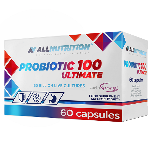 Allnutrition Probiotic 100 Ultimate 60 capsules probiotic supplement with 60 billion live cultures, designed for digestive and immune support, in a white and blue box.