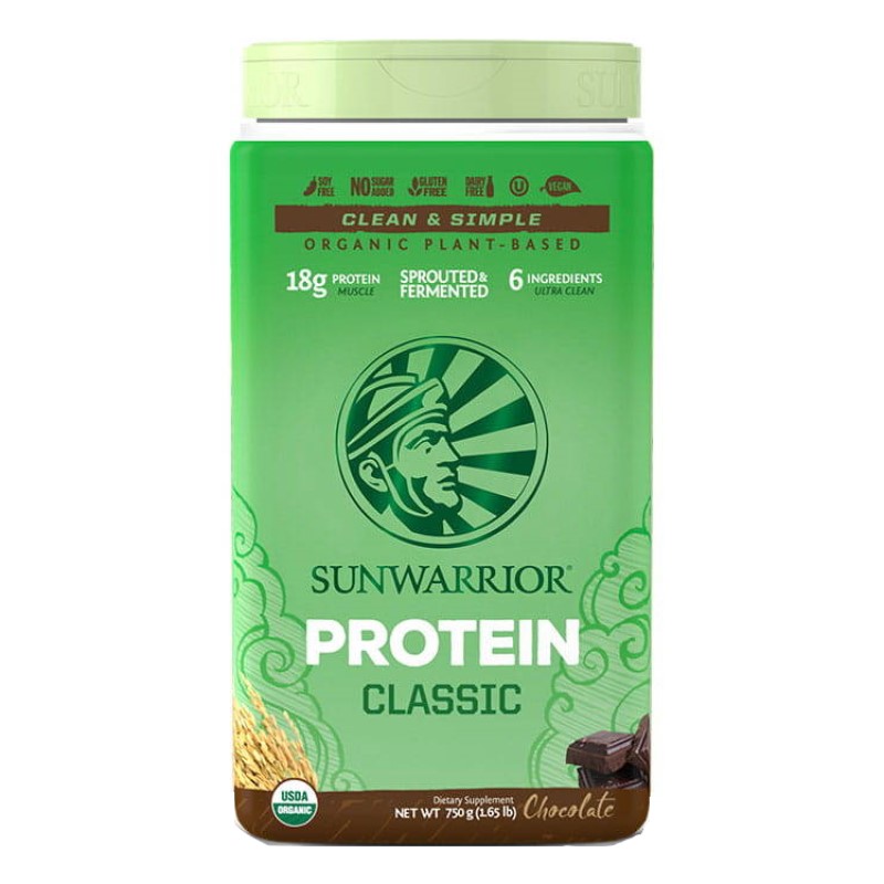 Sunwarrior Protein Classic 750g chocolate organic plant-based protein powder, vegan, gluten free, with 18g protein per serving, in a green container.