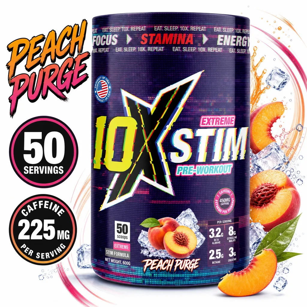 10X Athletic Extreme Stim Pre Workout in Peach Purge flavour, 50 servings, powdered formula with 225mg caffeine per serving
