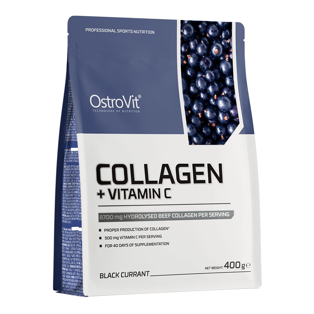 OstroVit Collagen + Vitamin C 400g black currant flavour hydrolysed beef collagen supplement with vitamin C, designed for 40 days of supplementation.