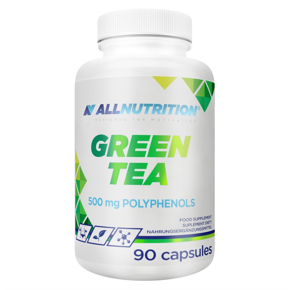 Allnutrition Green Tea 90 capsules dietary supplement with 500 mg polyphenols, white bottle with green and blue accents, capsule form.