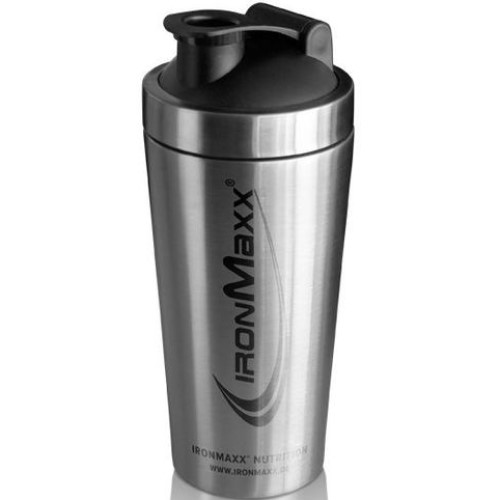 IronMaxx Stainless Steel Shaker 750ml silver protein shaker with black lid, ideal for mixing supplements and drinks, featuring a sleek metallic finish.