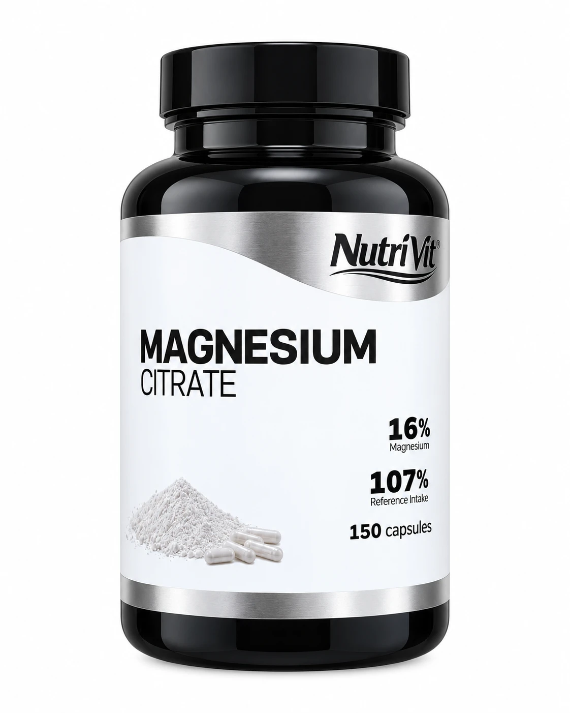 NutriVit Magnesium Citrate dietary supplement with 150 capsules, providing 16% magnesium per serving, in a black bottle.