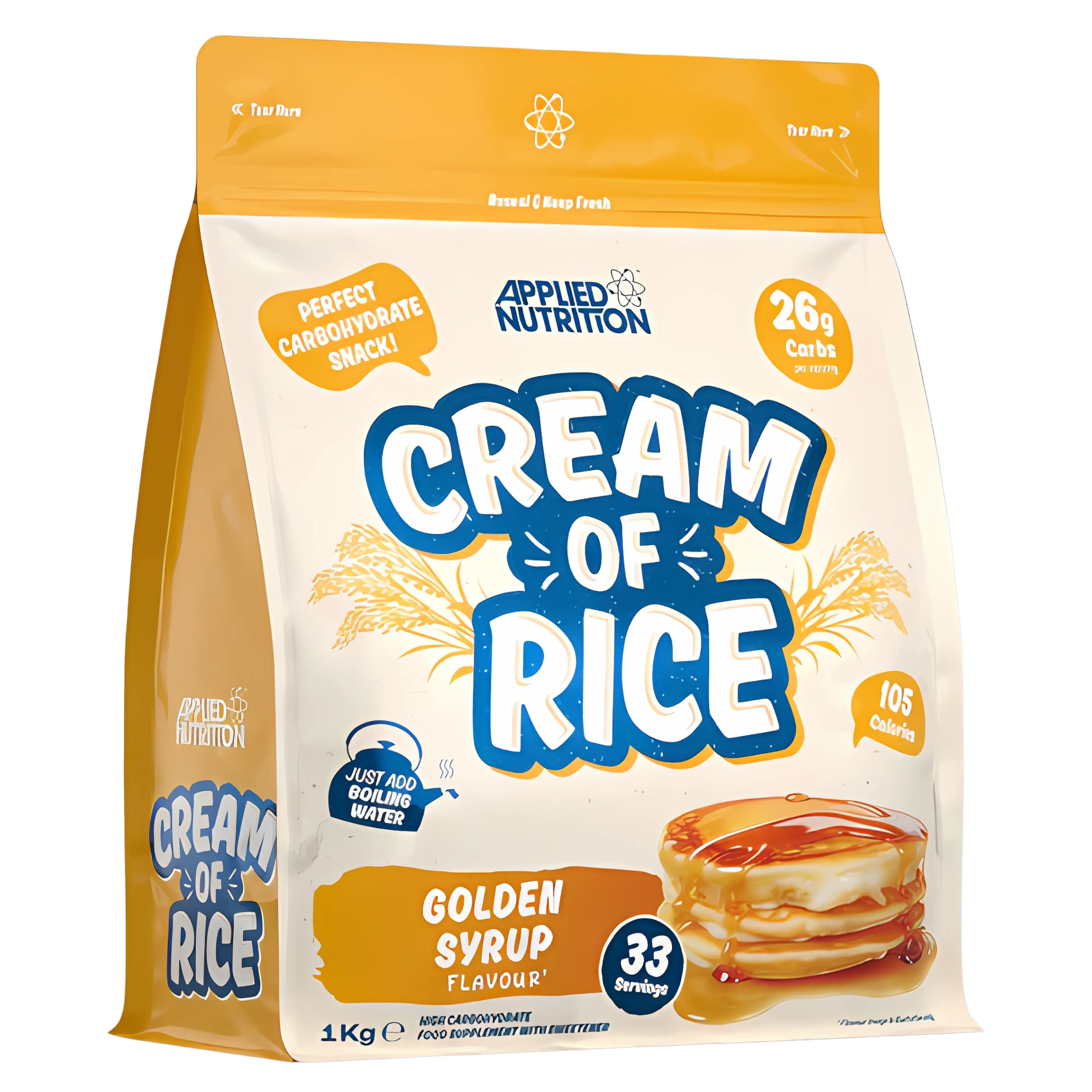 Applied Nutrition Cream Of Rice 1kg Golden Syrup Flavour, a high carbohydrate food supplement with sweetener, featuring 26g carbs per serving and 105 calories, in a yellow and white pouch.