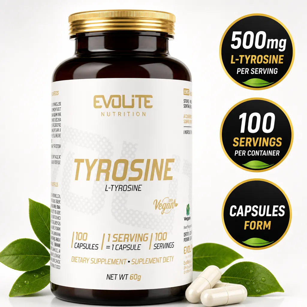 Evolite Tyrosine 500mg 100 Caps vegan L-Tyrosine supplement in capsule form, with 100 capsules per bottle
