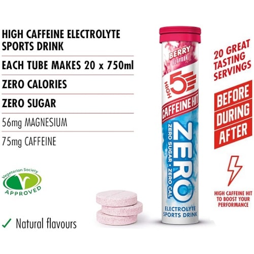High5 Electrolyte Zero Caffeine Hit effervescent tabs, berry flavour, high caffeine electrolyte sports drink with zero sugar and zero calories, 20 servings per tube.