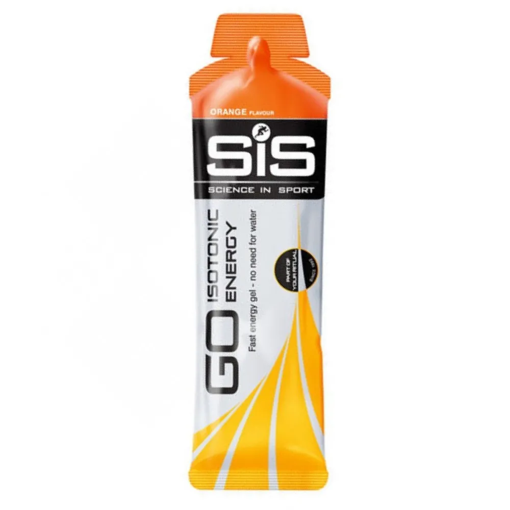 SiS GO Isotonic Energy Orange Flavour energy gel, an isotonic carbohydrate gel for sports and endurance, in a single-serve orange and silver sachet.