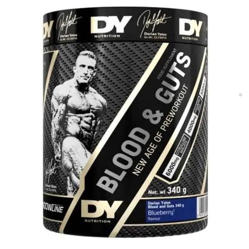 DY Nutrition Blood & Guts 340g blueberry pre-workout supplement, black and gold tub featuring Dorian Yates, designed for energy and performance enhancement.