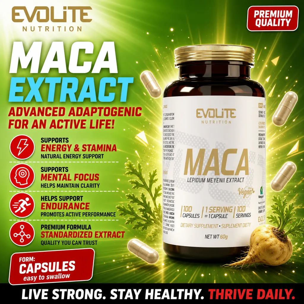 Evolite Maca Lepidium Meyenii Extract vegan capsules, 100-count bottle, adaptogenic supplement for energy, stamina, and mental focus, with a green and gold design.