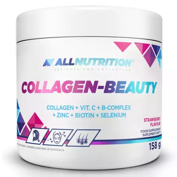 Allnutrition Collagen Beauty 158g strawberry flavour collagen supplement with vitamin C, B-complex, zinc, biotin, and selenium, in a white tub with colorful geometric accents.