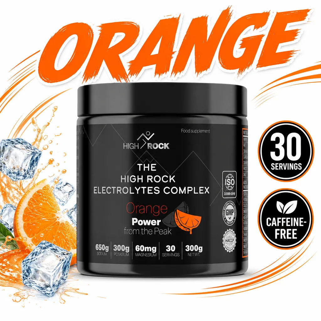High Rock Electrolytes Complex Orange electrolyte powder supplement, 30 servings in a black tub with a caffeine-free formula