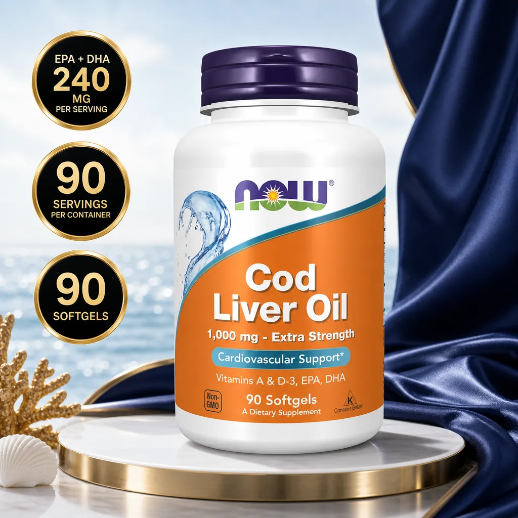 NOW Foods Cod Liver Oil 1000mg Extra Strength dietary supplement with 90 softgels and EPA plus DHA 240 mg per serving