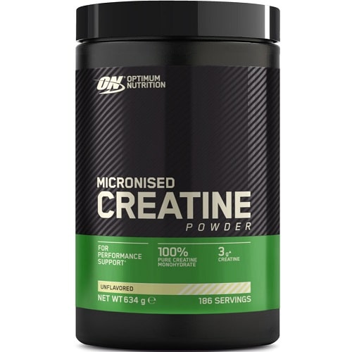 Optimum Nutrition Micronised Creatine Powder 634g unflavored creatine monohydrate supplement, black and green container, 186 servings.