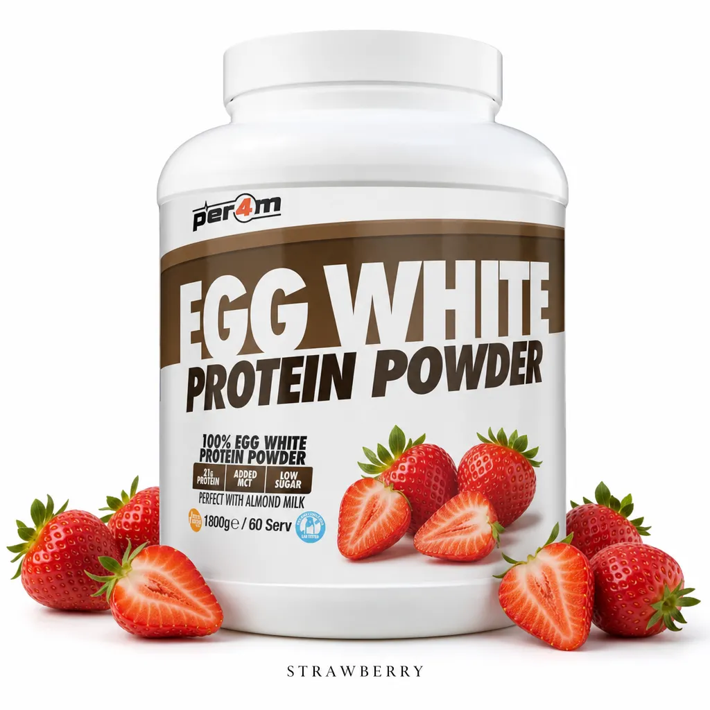 Per4m Egg Protein 1800g Strawberry is a lactose-free egg white protein powder with 21g protein per serving, added MCTs, and a strawberry flavour.