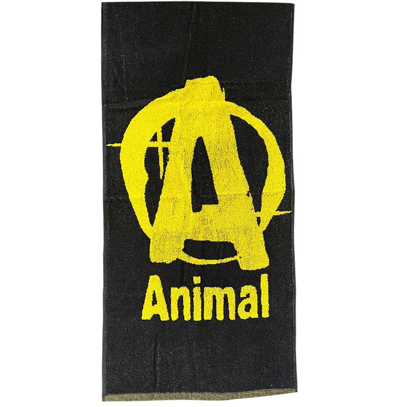Universal Nutrition Animal Gym Towel in black with a large yellow Animal logo and text, size 50x100cm, suitable for gym use.