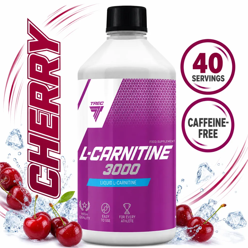 Trec Nutrition L-Carnitine 3000 liquid food supplement, 500ml bottle with cherry flavour styling and 40 servings
