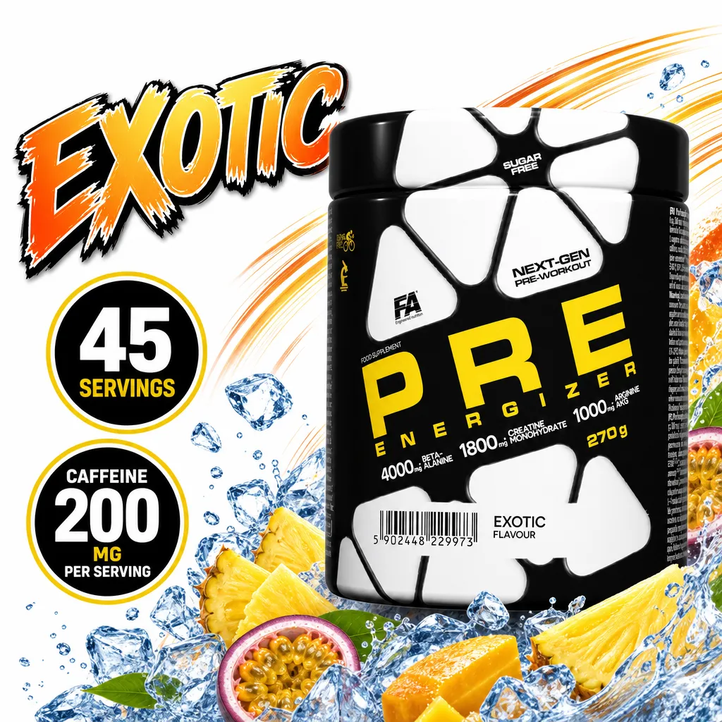 FA Nutrition Pre Energizer 270g exotic flavour pre-workout powder with 45 servings and 200 mg caffeine per serving