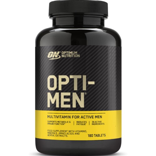 Optimum Nutrition Opti-Men multivitamin for active men, 180 tablets, black and yellow bottle, dietary supplement with vitamins, minerals, amino acids, and herbal extracts.