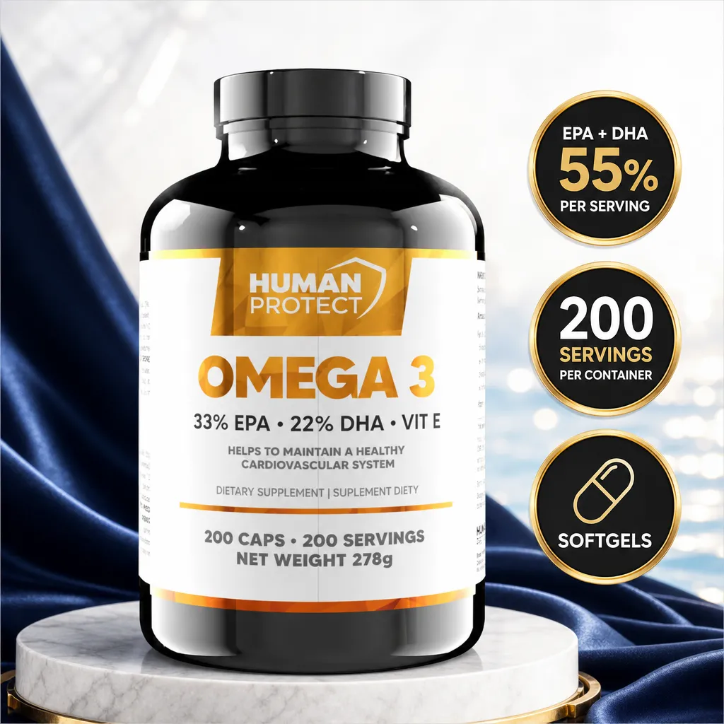 Human Protect Omega 3 33/22 fish oil dietary supplement with EPA, DHA and vitamin E, 200 softgels in a black bottle