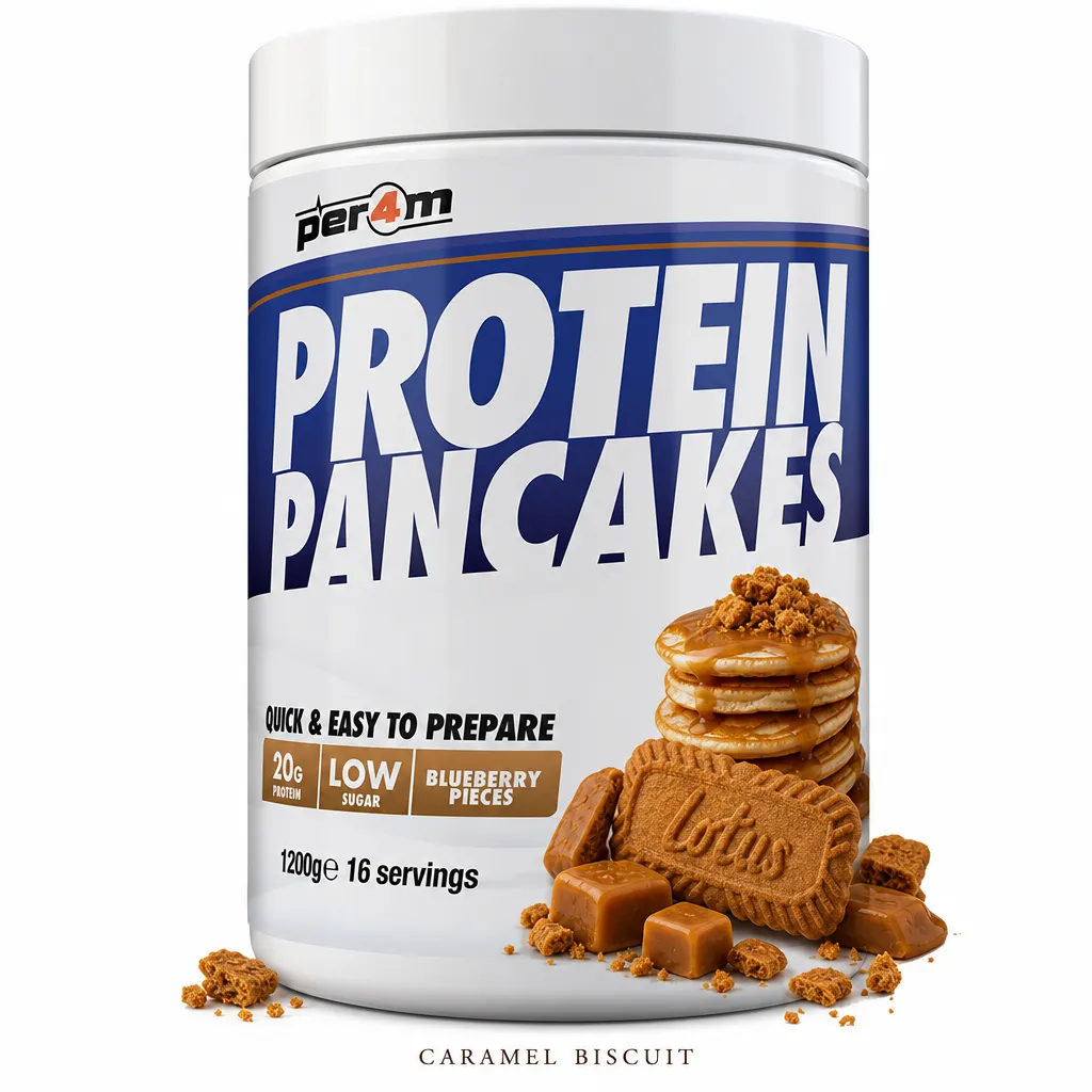 Per4m Protein Pancakes 1200g Caramel Biscuit flavor, high-protein pancake mix with 20g protein per serving, low sugar, and quick preparation.