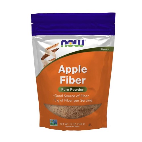 NOW Apple Fiber Pure Powder 340g dietary fiber supplement, orange and purple resealable pouch, good source of fiber, 5g fiber per serving.