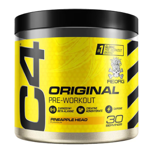 Cellucor C4 Original Pre-Workout 30 servings Pineapple Head flavour, a yellow and black pre-workout supplement powder with beta-alanine, creatine monohydrate, and caffeine.