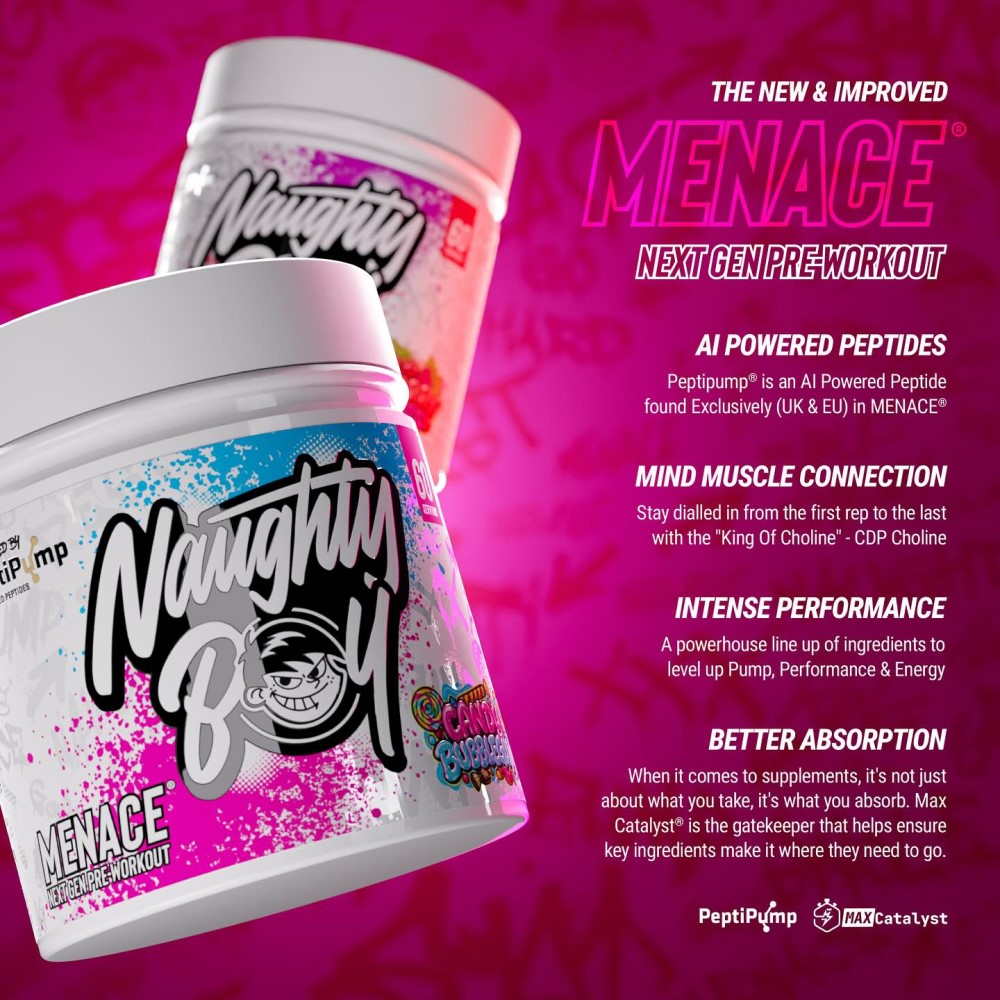 Naughty Boy Menace Next Gen Pre-Workout 60 servings, a high-performance pre-workout supplement with AI powered peptides, shown in a colourful tub with a candy bubblegum flavour label and a vibrant pink background.