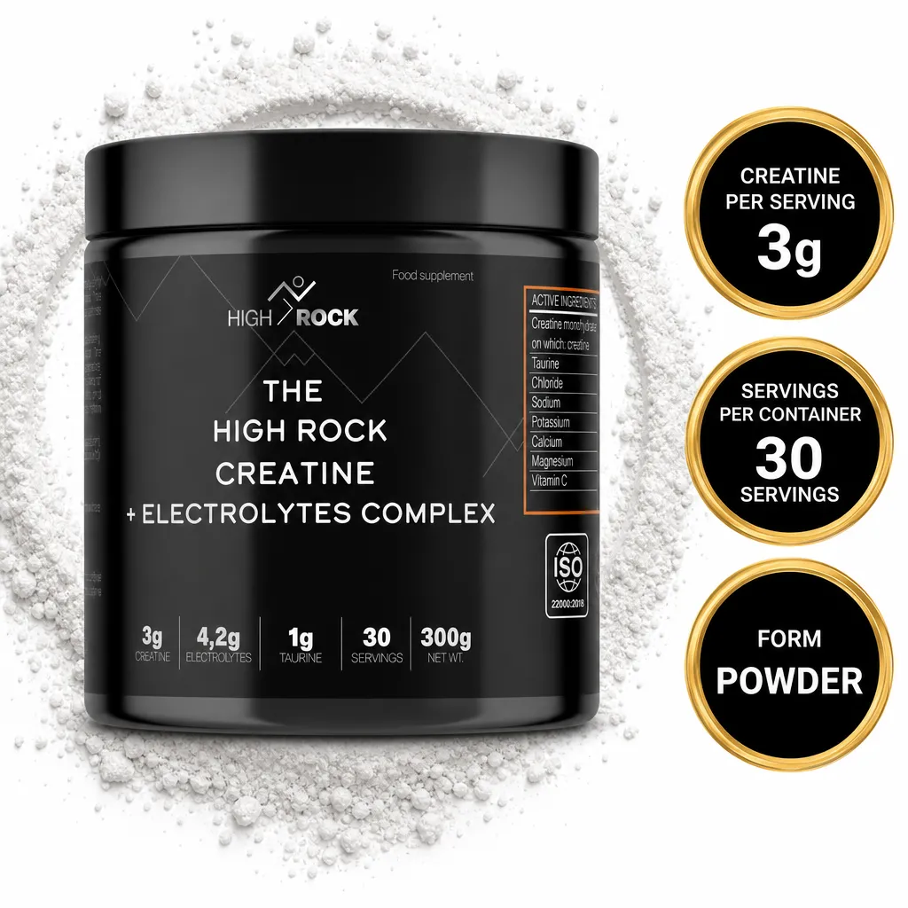 High Rock Creatine + Electrolytes Complex powder supplement with creatine, electrolytes and 30 servings in a black container