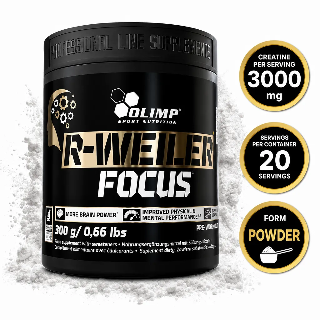 Olimp R-Weiler Focus 300g pre-workout supplement powder in a black and gold container with 3000 mg creatine per serving