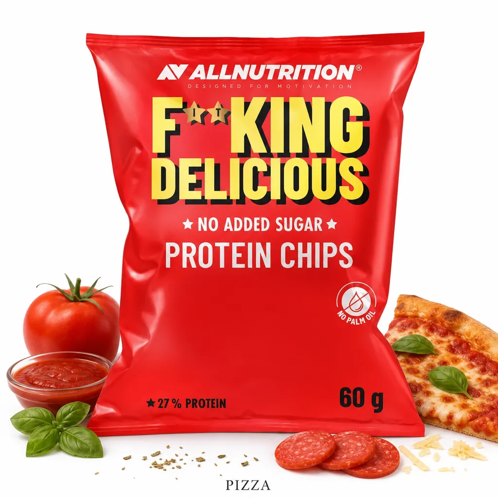 Allnutrition Fitking Delicious Protein Chips 60g Pizza flavour, high-protein vegan snack with no added sugar, 27% protein, and no palm oil, in a bold red bag.