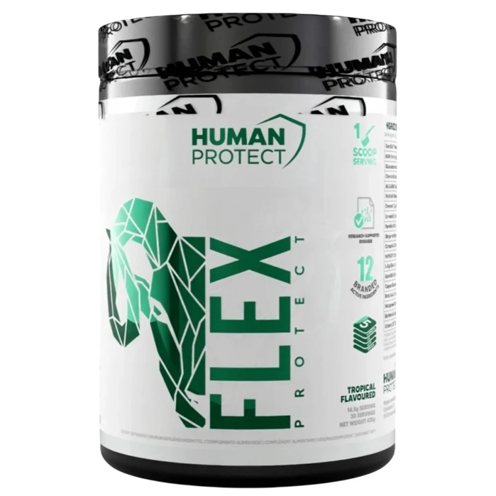 Human Protect Flex tropical-flavoured powdered supplement, 435g, with a white and green design.