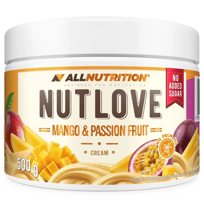 Allnutrition NUTLOVE Mango & Passion Fruit Cream, a 500 g creamy fruit spread in a white tub with mango and passion fruit imagery.
