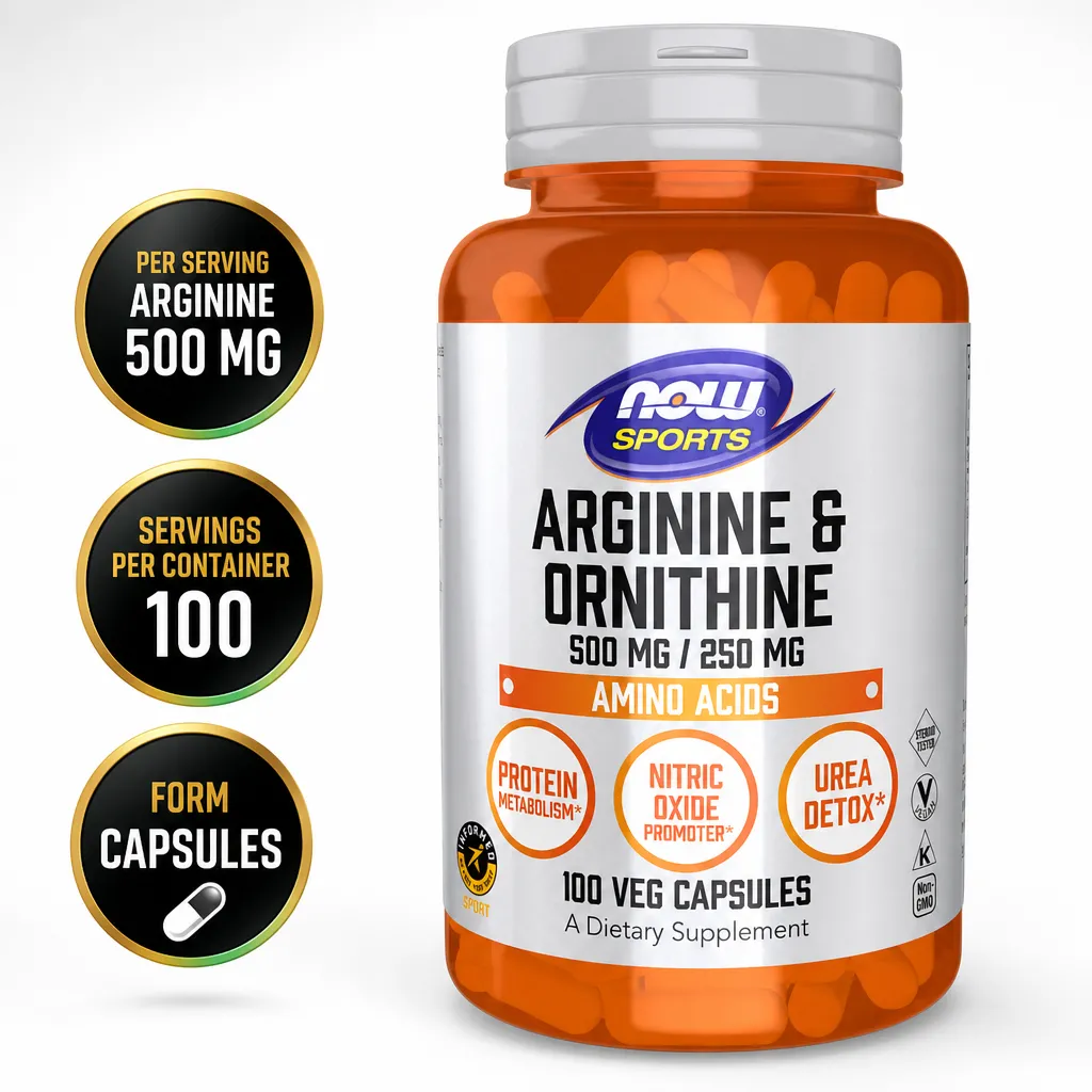 NOW Foods Arginine & Ornithine 100 Vege Caps amino acid supplement in orange bottle with 100 vegetarian capsules