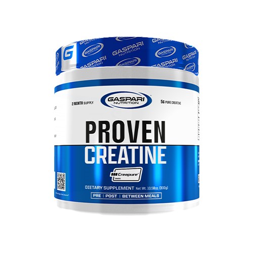Gaspari Nutrition Proven Creatine Creapure 300g unflavoured creatine monohydrate supplement in a blue and white tub, suitable for pre, post, or between meals use.