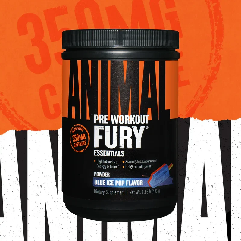 Universal Nutrition Animal Fury Pre Workout Blue Ice Pop Flavor, a high-intensity energy and focus supplement powder with 350mg caffeine per serving, in a black and orange container.