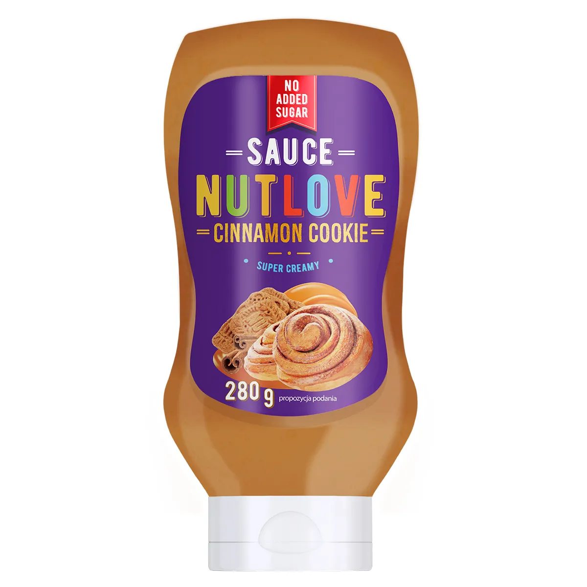 Allnutrition NUTLOVE Sauce Cinnamon Cookie, 280 g creamy cinnamon-cookie dessert sauce in a squeeze bottle with a purple label.