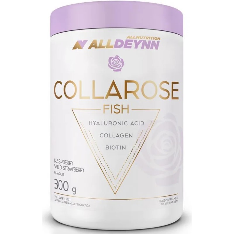 Allnutrition ALLDEYNN Collarose Fish is a 300g collagen supplement with hyaluronic acid and biotin, raspberry wild strawberry flavour, in a white and purple tub.
