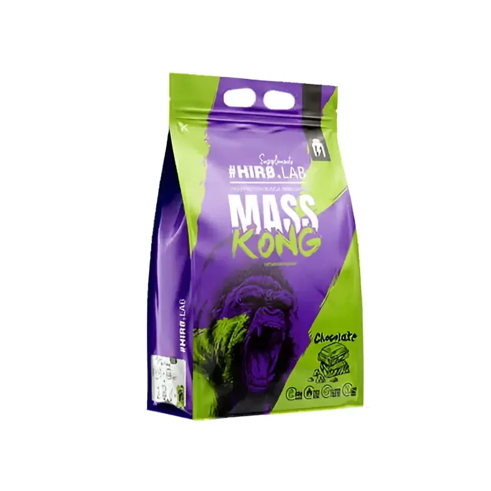 Hiro Lab Mass Kong 3000g chocolate carbohydrate-protein mass gainer powder in a purple and green resealable pouch