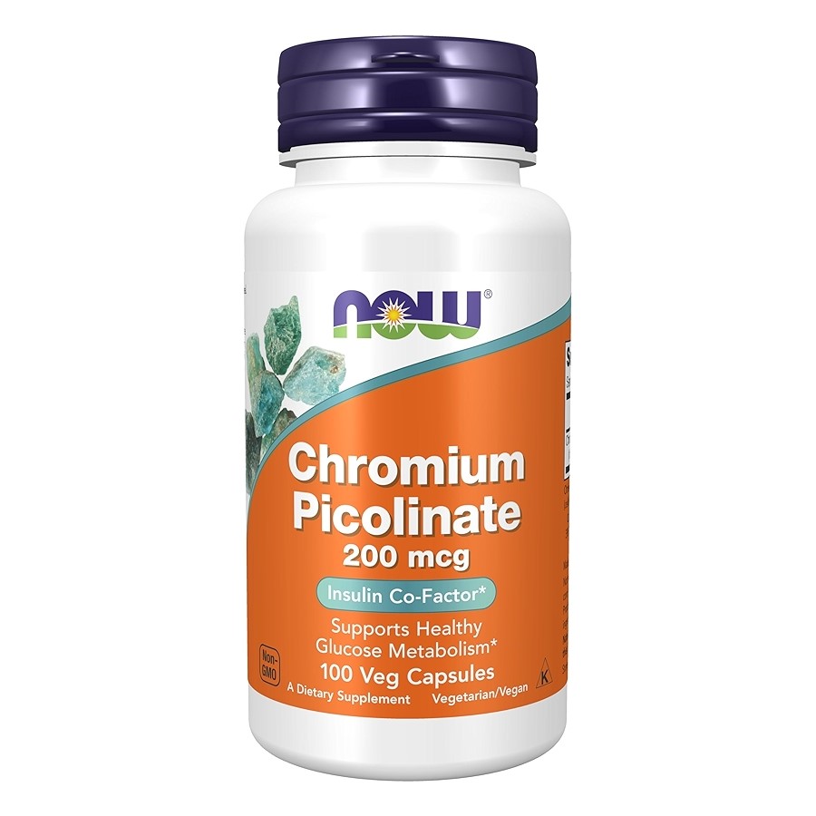 NOW Chromium Picolinate 200 mcg dietary supplement, 100 vegetarian capsules, supports healthy glucose metabolism, orange and white bottle.