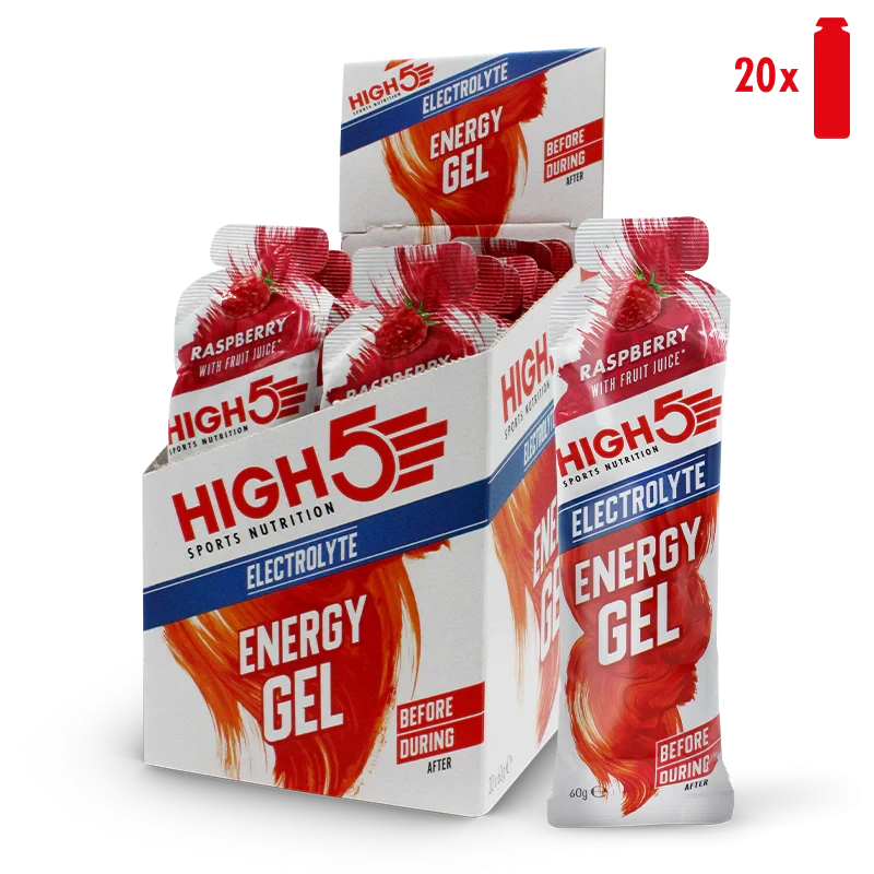 High5 Sports Nutrition Energy Gel Electrolyte 60g x10, raspberry flavour, fast-acting carbohydrate and electrolyte gel sachets for endurance athletes, vegan-friendly.