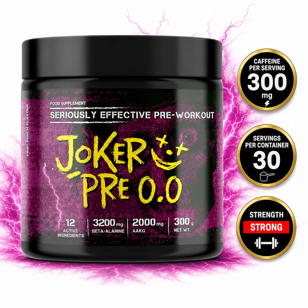 Joker Nutrition Joker Pre-Workout 0.0, fruit punch pre-workout powder in a 300g tub with a black, purple and yellow label.