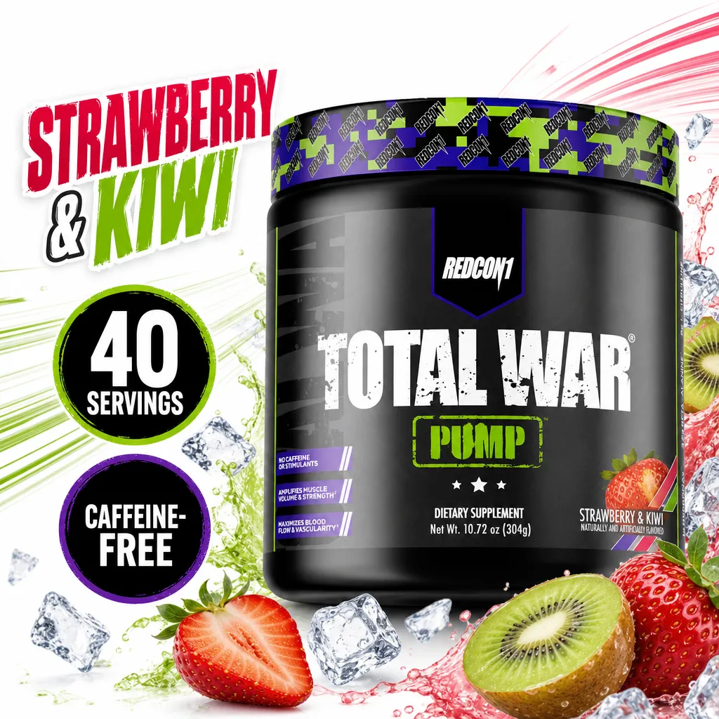 Redcon1 Total War Pump caffeine-free pre-workout powder, Strawberry & Kiwi flavour, 304g tub with 40 servings.