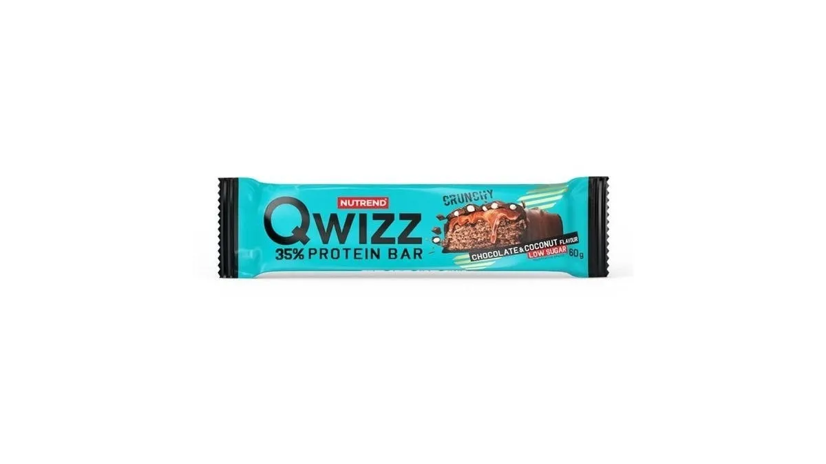 Nutrend Qwizz Protein Bar 60g x12, crispy chocolate coconut flavour protein snack in turquoise packaging