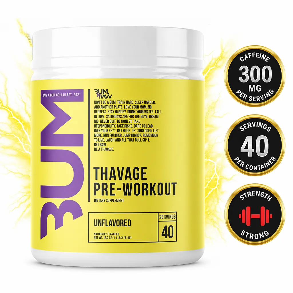 RAW Nutrition CBUM Thavage unflavored pre-workout supplement in a yellow tub, with 40 servings