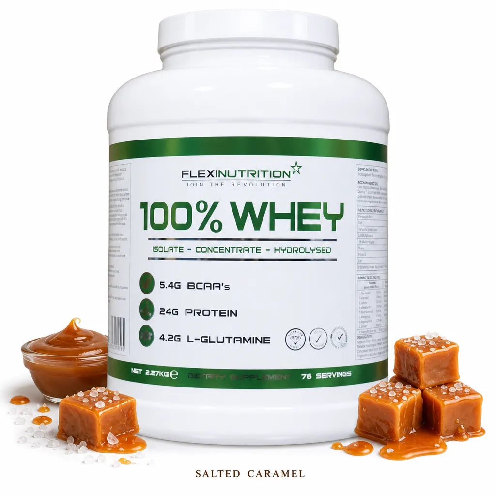 Flexi Nutrition 100% Whey Protein 2010g salted caramel flavour, featuring a premium blend of whey isolate, concentrate, and hydrolysed whey with 24g protein per serving.