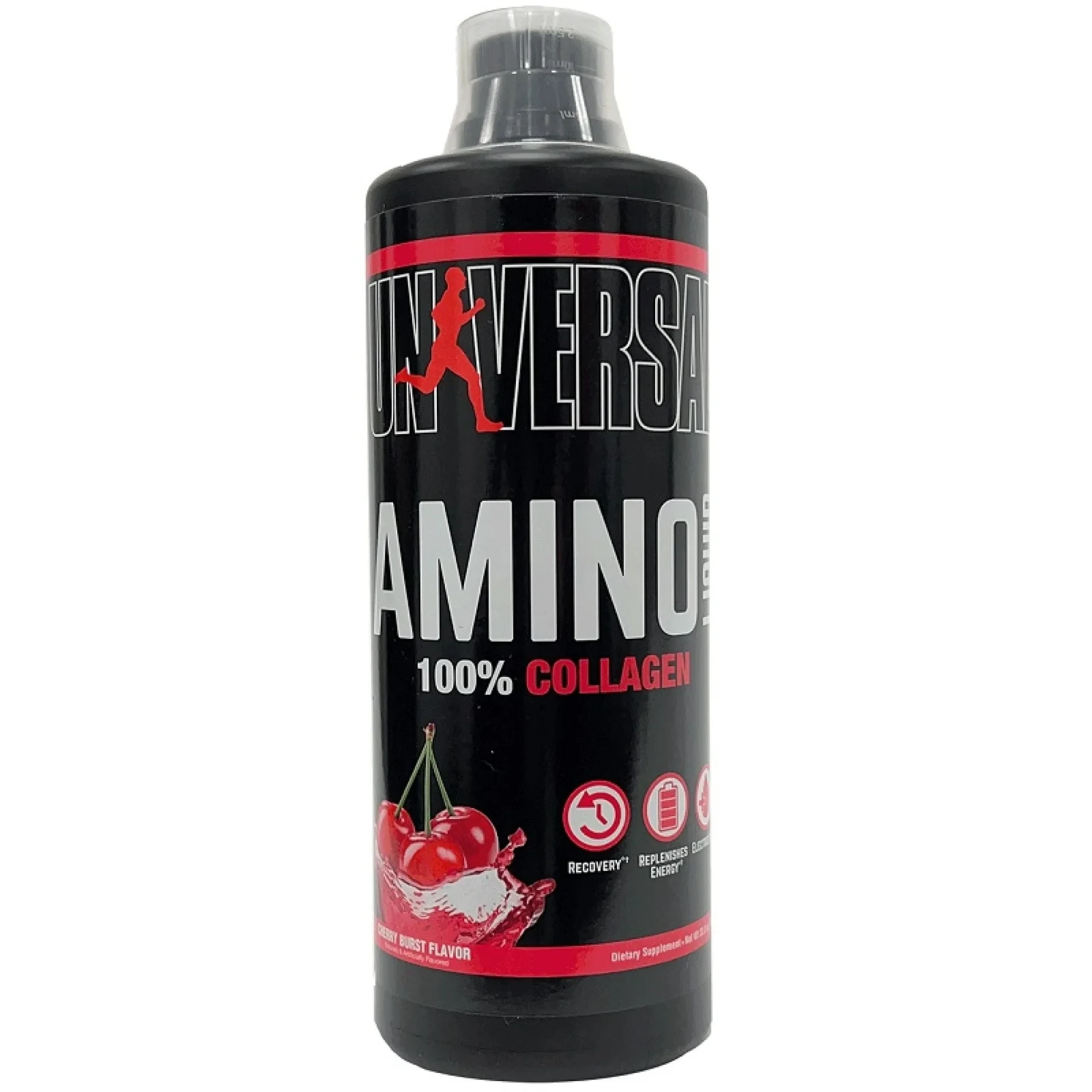 Universal Nutrition Amino Liquid Collagen 1000ml, a professional-strength liquid amino acid supplement with cherry burst flavor, supports muscle growth and recovery with 23g protein per serving.