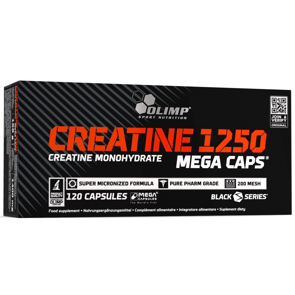 Olimp Creatine Mega Caps 1250mg 120 Caps, black and yellow bottle with Olimp Nutrition branding